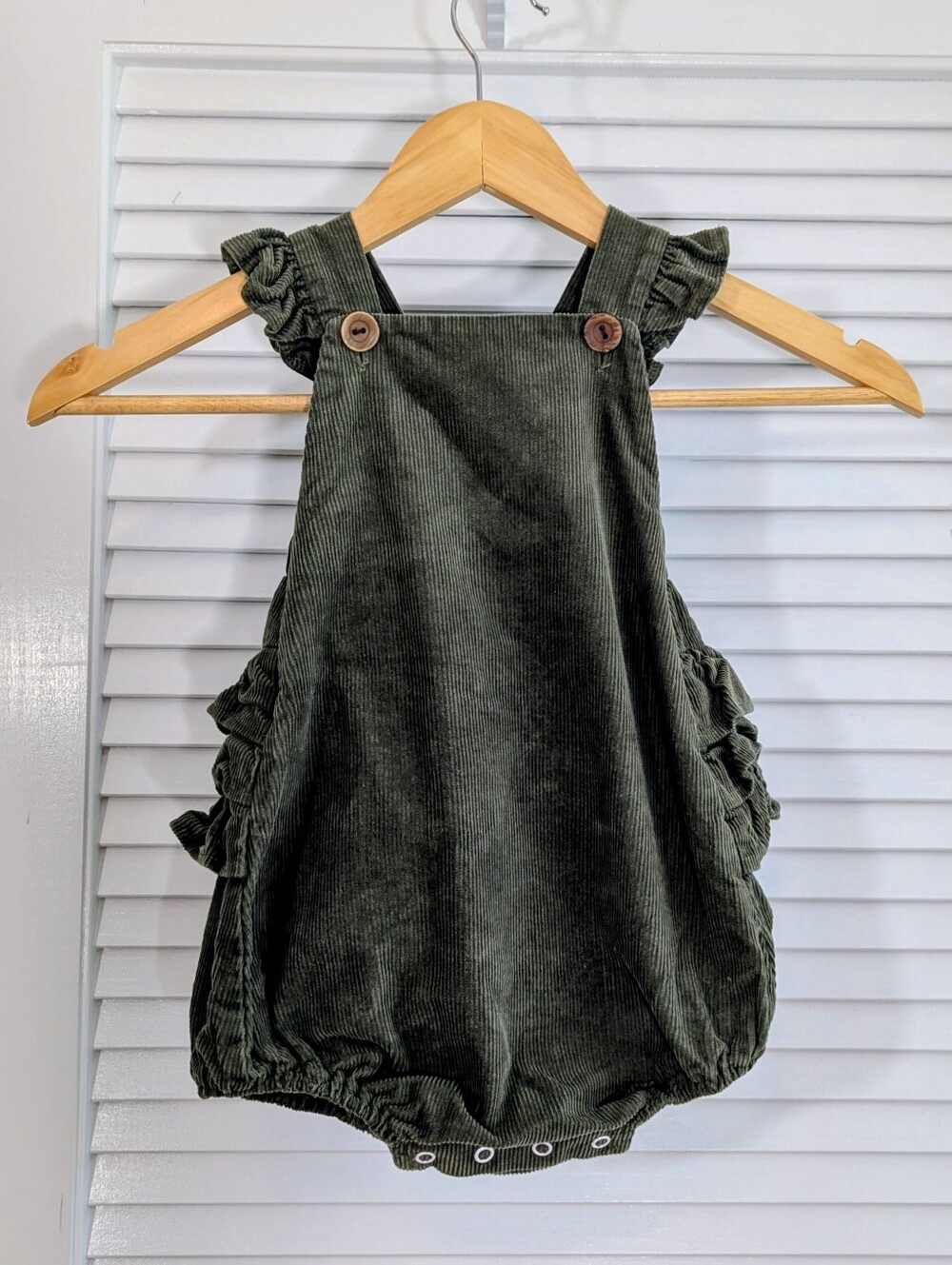 RicRac & Ruffles 2T Olive Corduroy Ruffle Bubble Romper